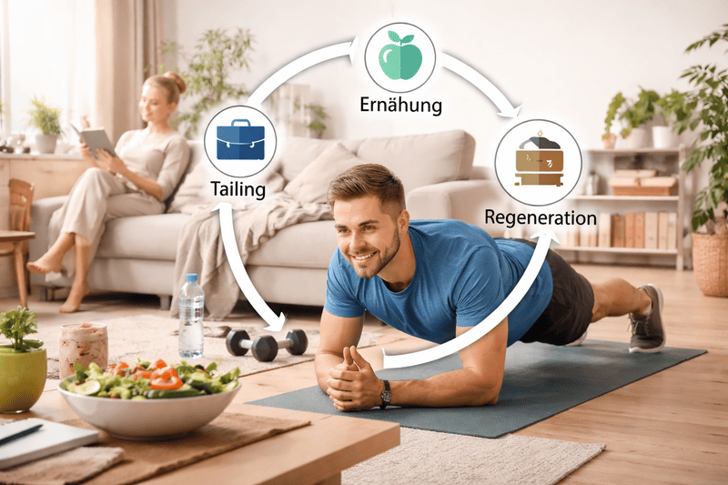 Mann trainiert zuhause auf einer Matte, während Ernährung, Alltag und Regeneration als Teil eines ganzheitlichen Fitness-Systems dargestellt werden.